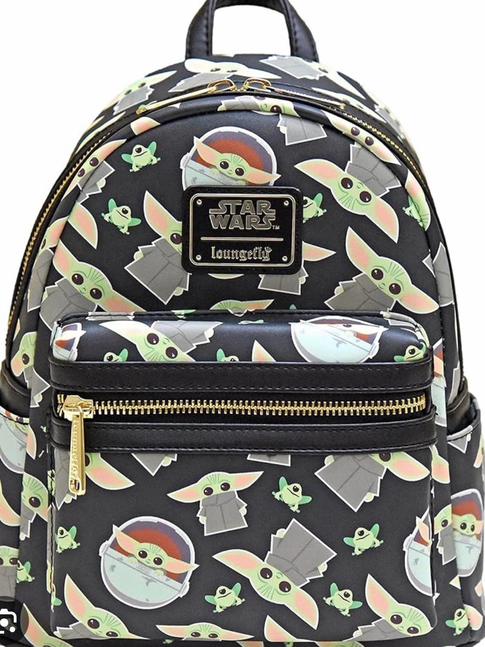 Loungefly Black Baby Yoda Pattern Mini Backpack with Green and Brown Accents